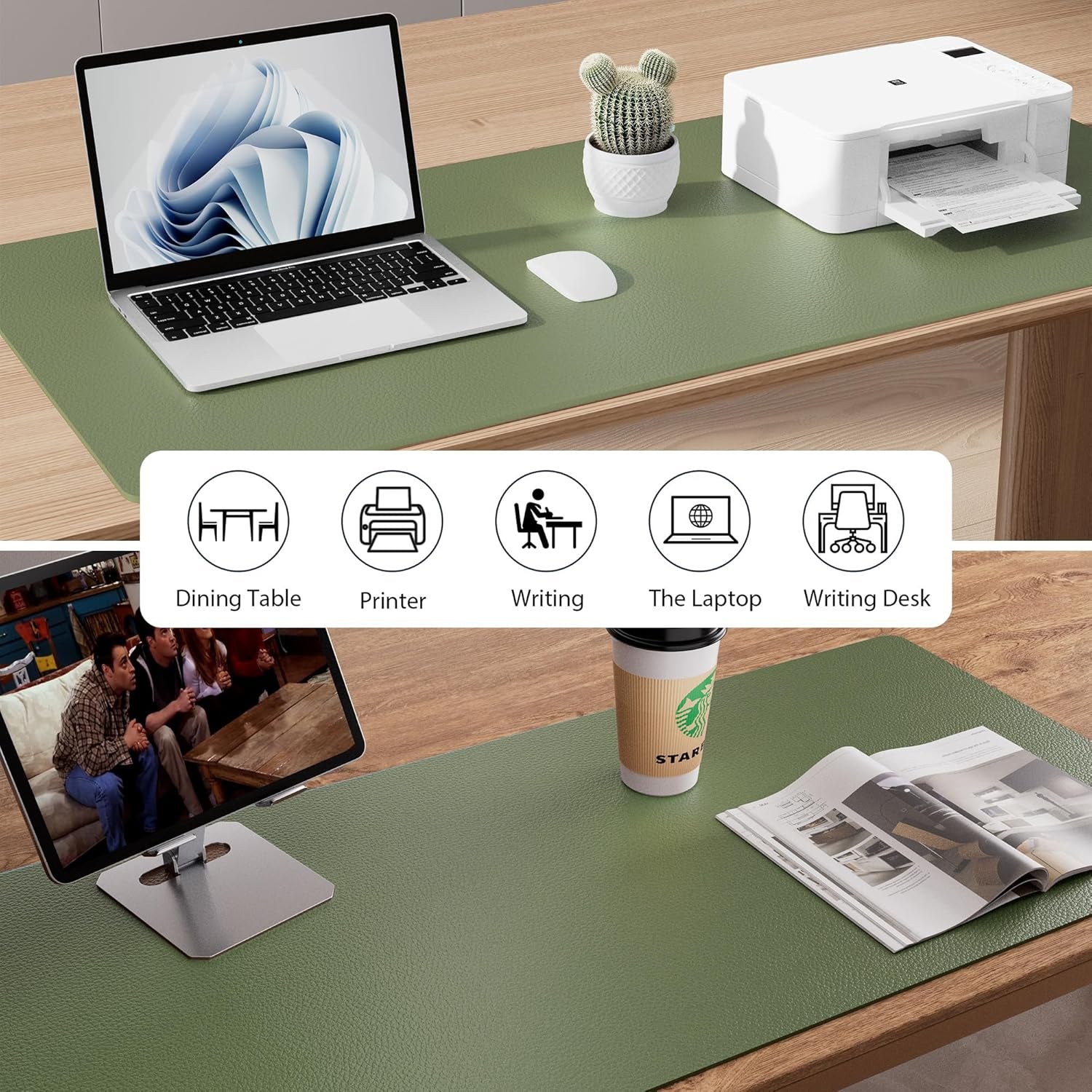Leather Desk Pad Protector, Mouse Pad, Office Desk Mat, Non-Slip PU Leather Desk Blotter, Laptop Desk Pad, Waterproof Desk Writing Pad for Office and Home (31.5" X 15.7",Olive Green)